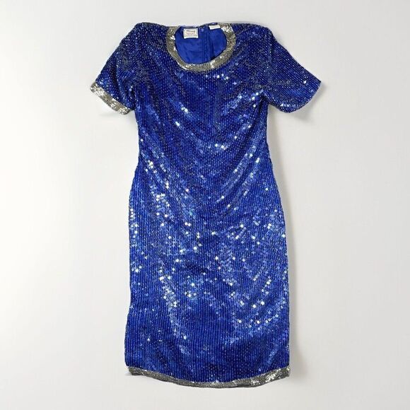 Stenay Blue Silk Sequin Dress Sz8 Midi Silver Beaded Flapper 70s Upper Class - Picture 1 of 15